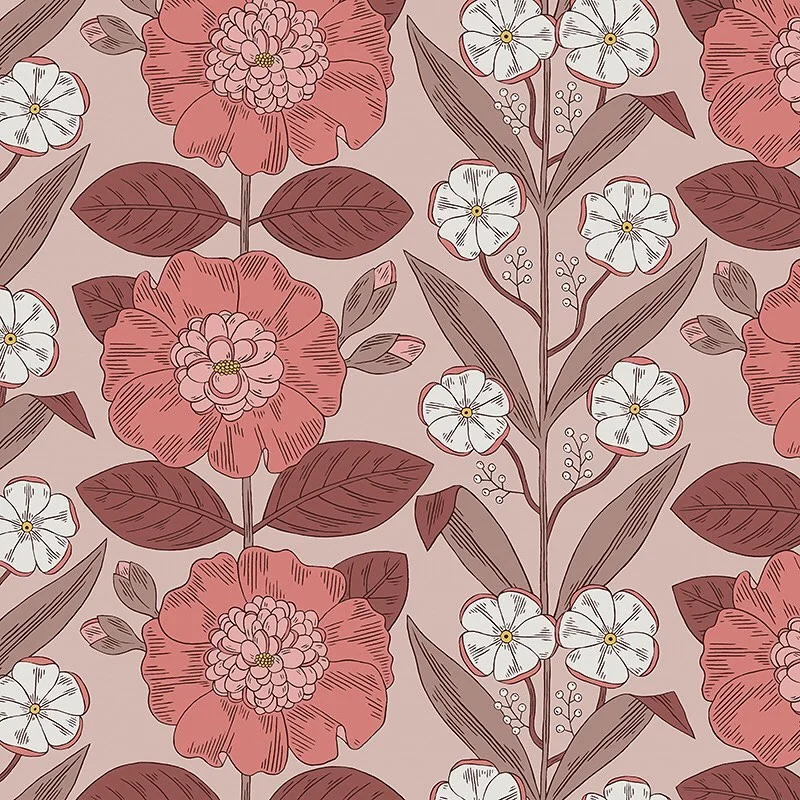 Nancy Wolff Floral pattern with pink flowers and brown leaves on a muted back