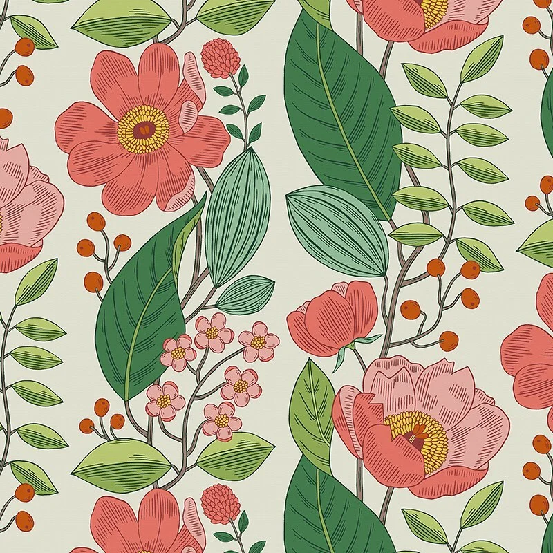 Nancy Wolff Floral pattern with pink flowers, green leaves, and orange berrie
