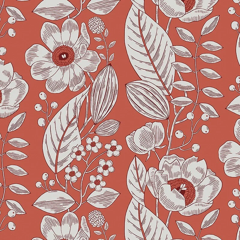 Nancy Wolff White floral and leaf patterns on a red background