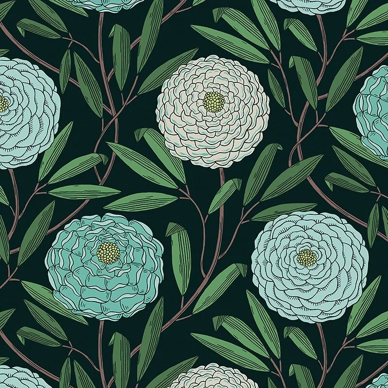 Nancy Wolff Green leaves and stylized flowers on dark background