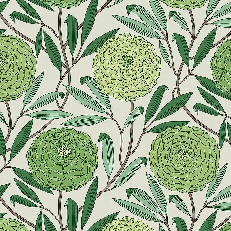 Nancy Wolff Green floral pattern with leaves on beige background