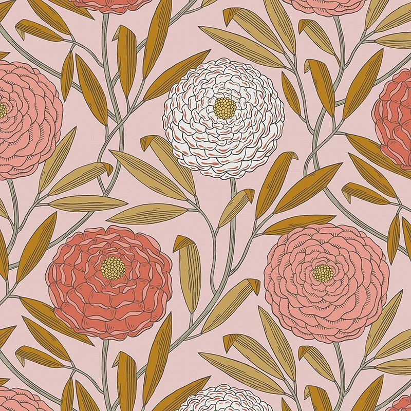 Nancy Wolff Floral pattern with pink flowers and green leaves on a pale backg