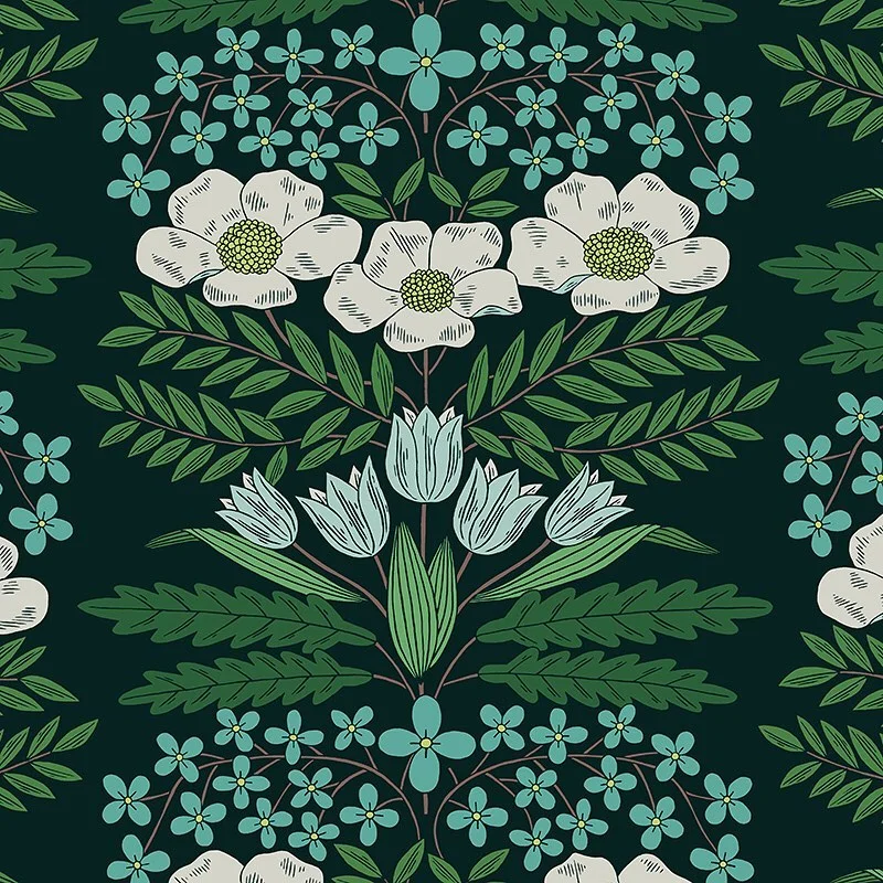 Nancy Wolff Green and white floral pattern on dark background