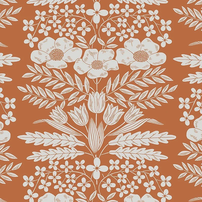 Nancy Wolff White floral and leaf motifs on an orange background