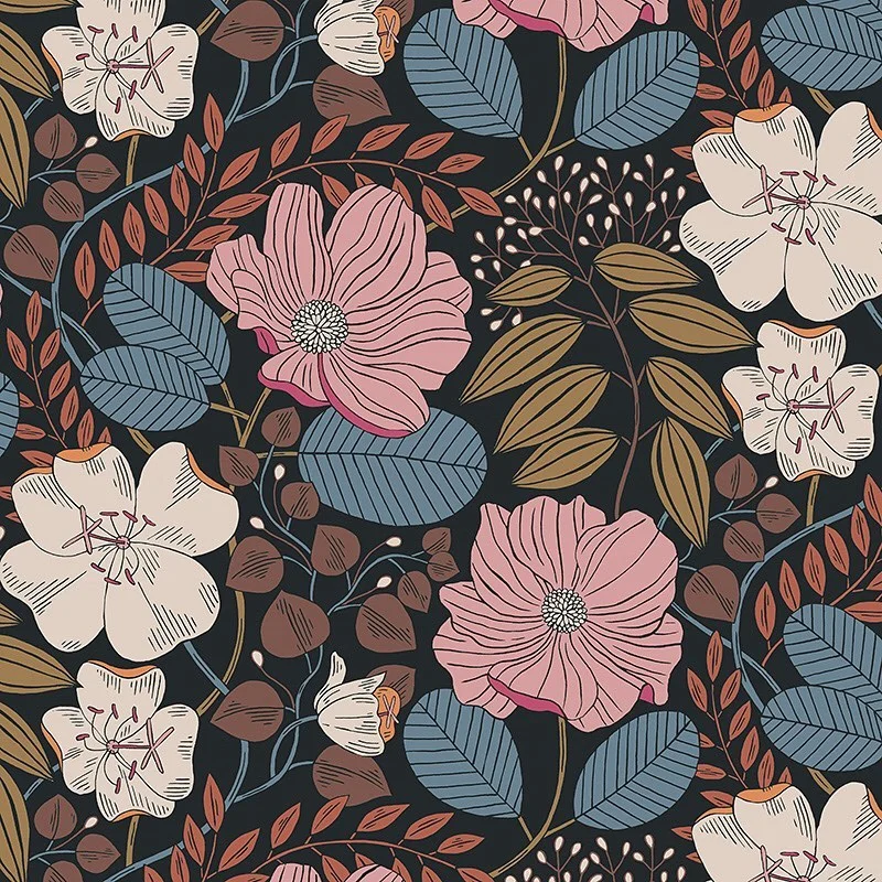 Nancy Wolff Floral pattern with pink and white flowers on dark background
