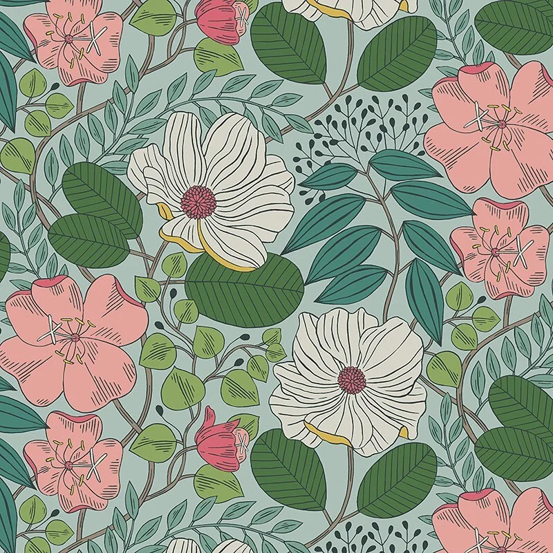 Nancy Wolff Floral pattern with pink and white flowers on green background