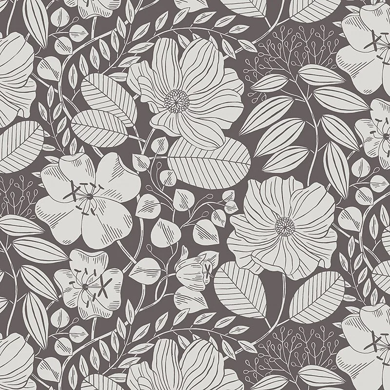 Nancy Wolff Monochromatic floral pattern with large flowers and leaves on dar