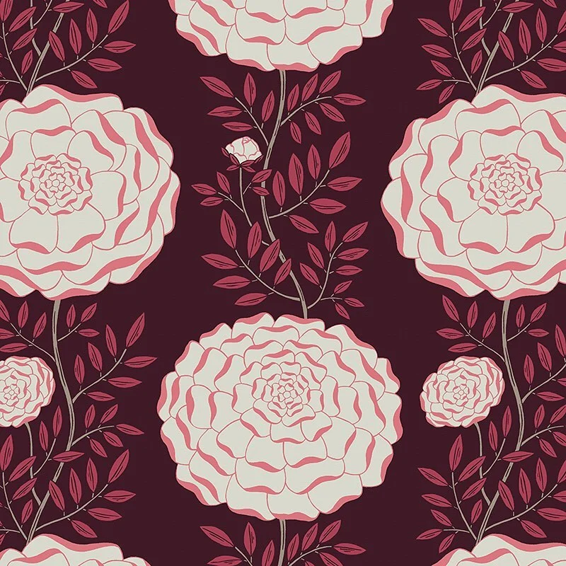 Nancy Wolff Large pink flowers on dark background with red leaves and stems