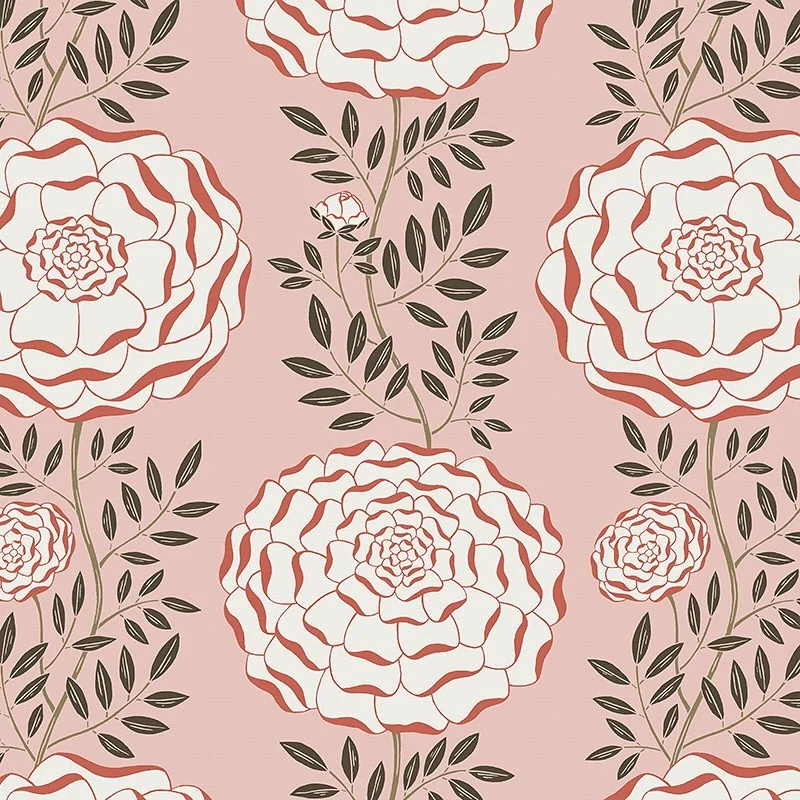 Nancy Wolff Large white flowers with red outlines on pink background, green l