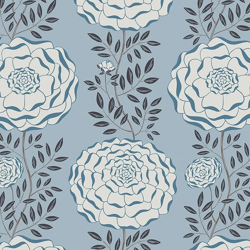 Nancy Wolff Blue and white floral pattern on a light blue background