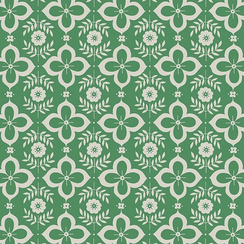 Nancy Wolff Green background with white geometric and floral motifs