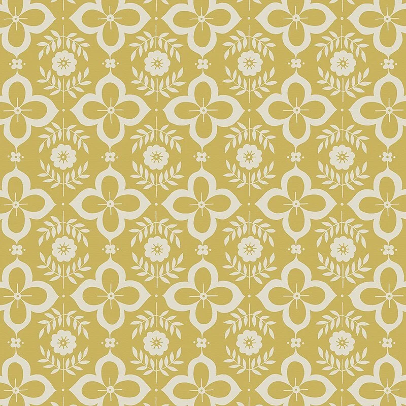 Nancy Wolff Yellow background with white geometric and floral motifs
