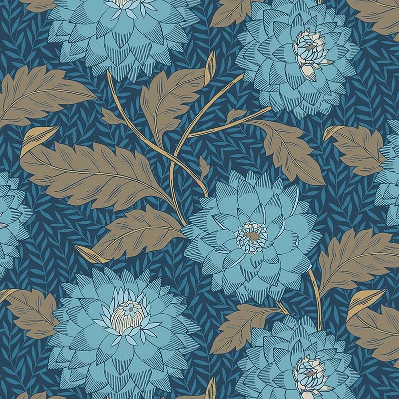 Nancy Wolff Blue and gold floral pattern on dark blue background