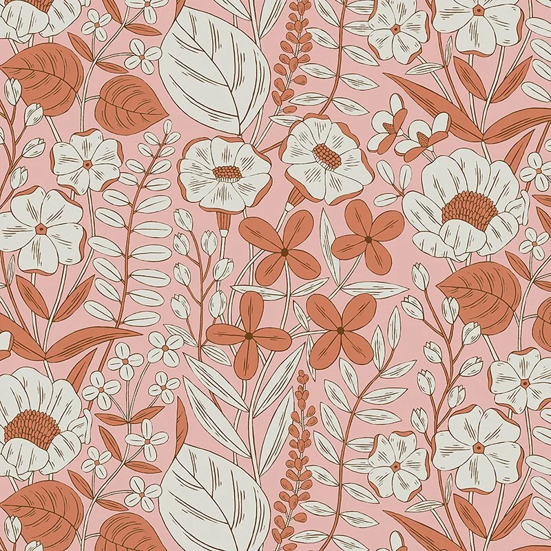 Nancy Wolff Floral pattern with white and orange flowers on pink background