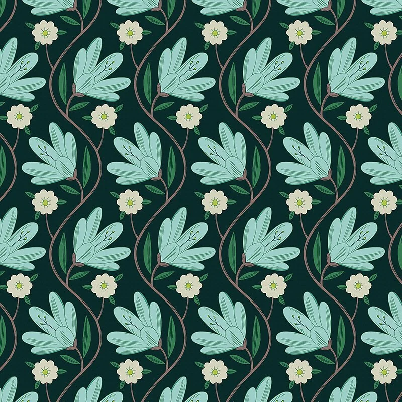 Nancy Wolff Green and white floral pattern on dark background