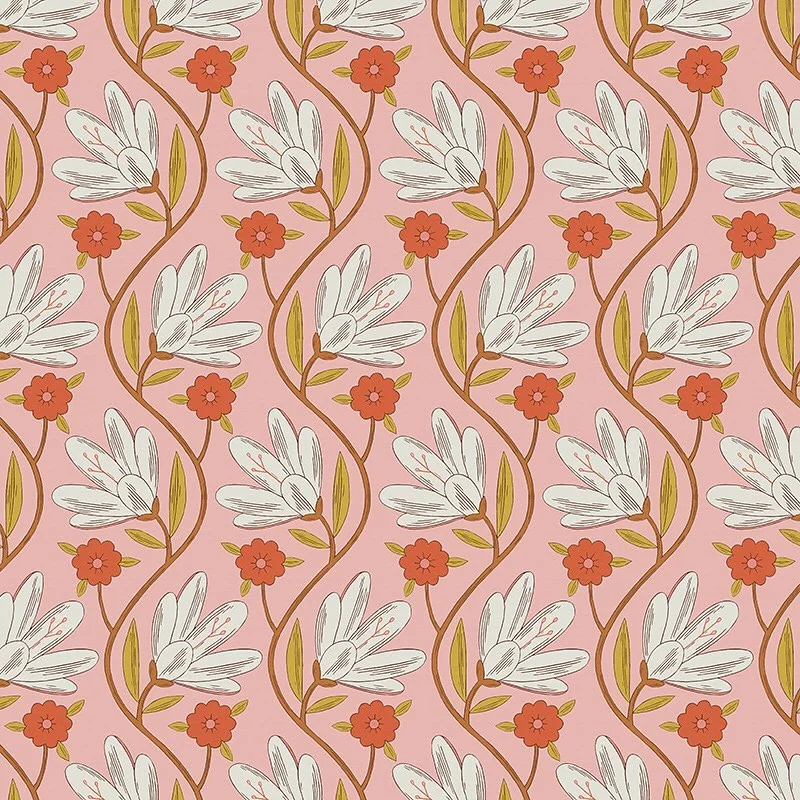 Nancy Wolff White and orange flowers on pink background with brown stems and