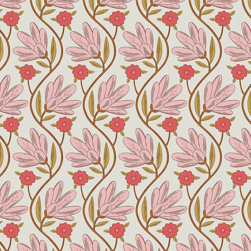 Nancy Wolff Pink and red flowers on brown stems with green leaves on light gr