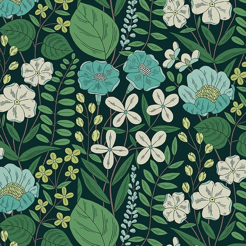 Nancy Wolff Green and blue floral pattern on dark background