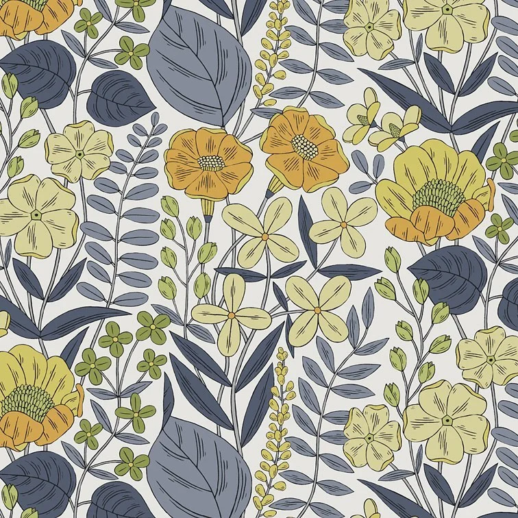 Nancy Wolff Yellow and blue floral pattern with leaves and flowers on a light