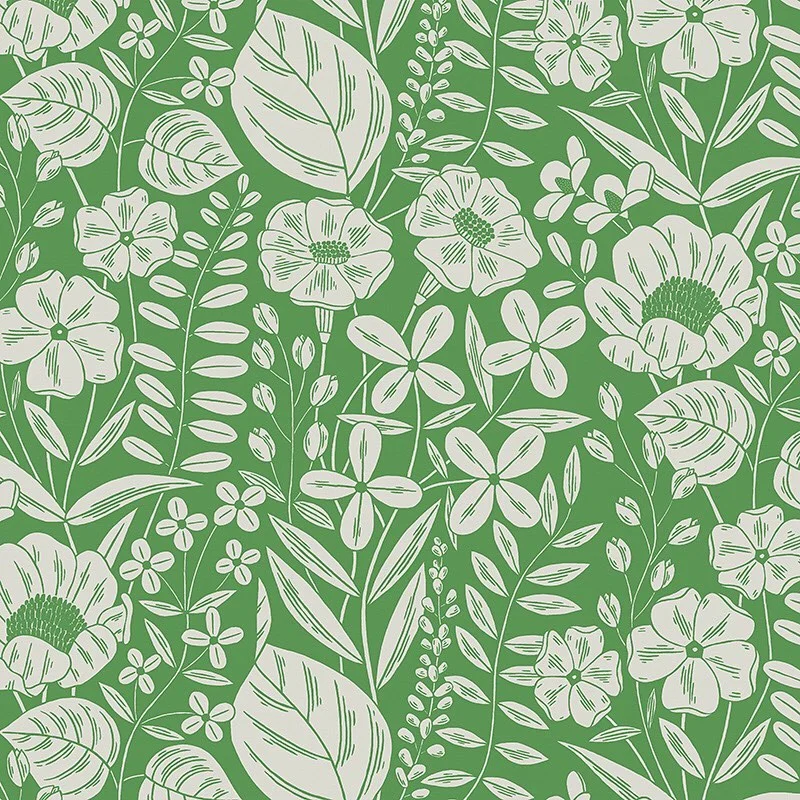 Nancy Wolff Green background with white floral and leaf patterns