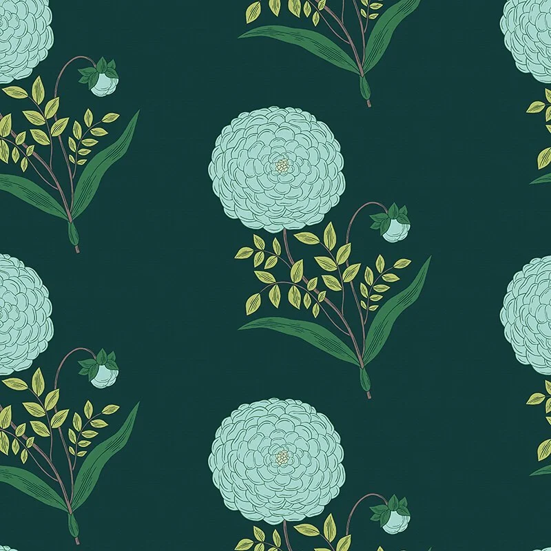 Nancy Wolff Teal background with pale blue flowers and green leaves