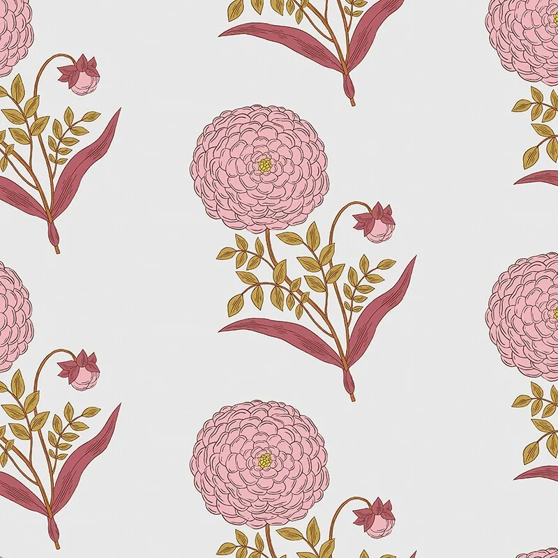 Nancy Wolff Pink flowers and green leaves on a light gray background