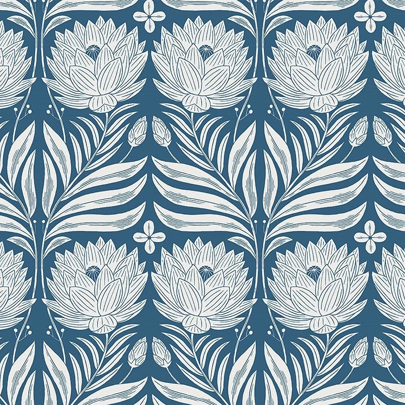 Nancy Wolff White lotus flowers and leaves on a blue background