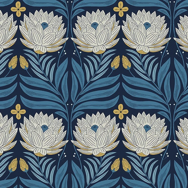 Nancy Wolff Navy blue background with white lotus flowers and yellow buds
