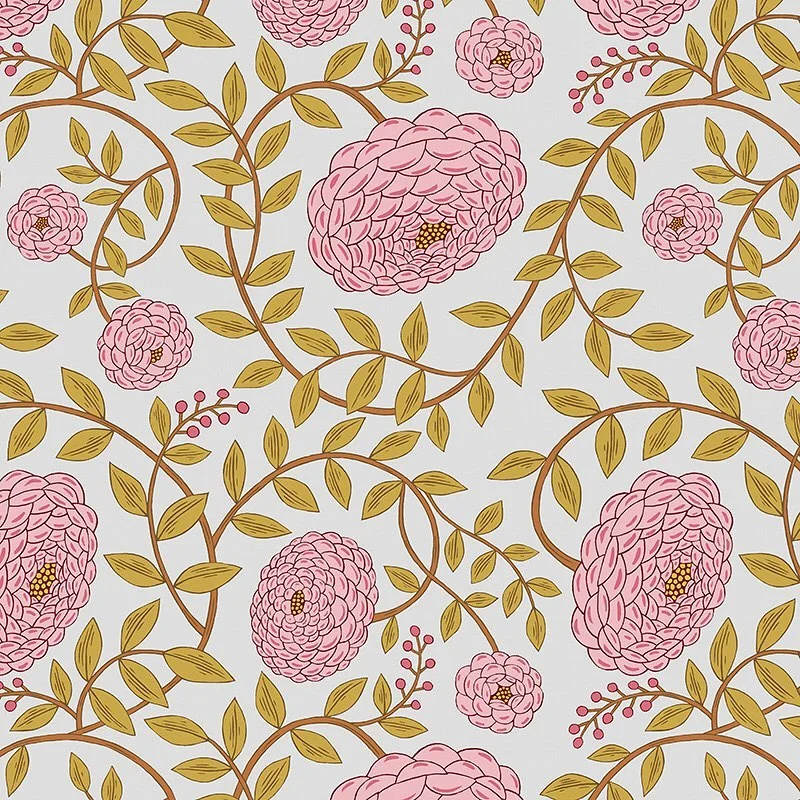 Nancy Wolff Pink flowers and green leaves on a light background