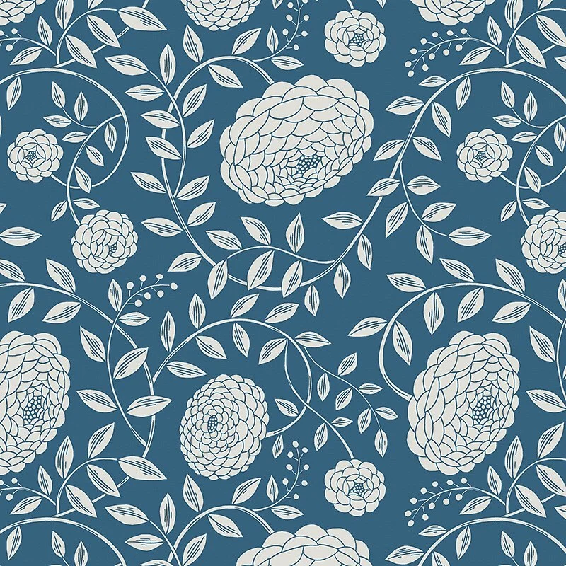 Nancy Wolff White floral and leaf patterns on a teal background