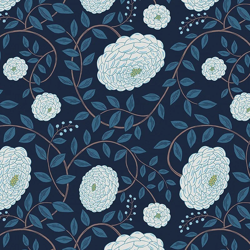 Nancy Wolff Navy blue background with white stylized flowers and leaves