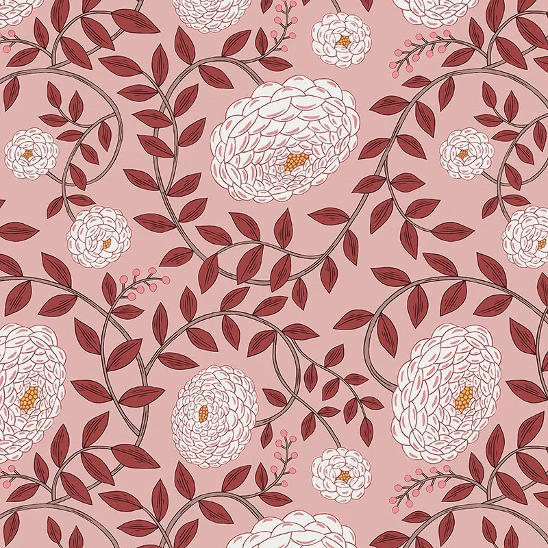 Nancy Wolff White flowers and red leaves on a pink background