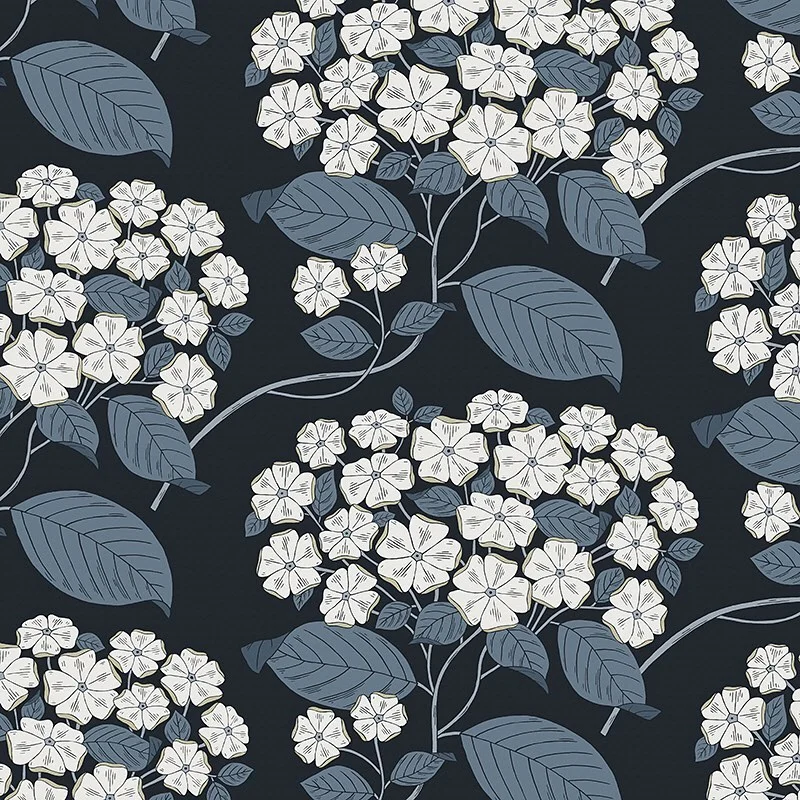 Nancy Wolff Dark background with white flowers and blue leaves in a floral pa