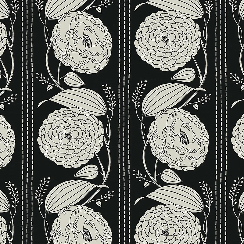Nancy Wolff Black background with white floral motifs and stripes