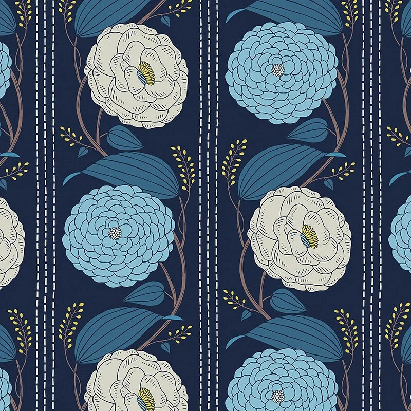 Nancy Wolff Navy blue background with white and light blue flowers, leaves, a