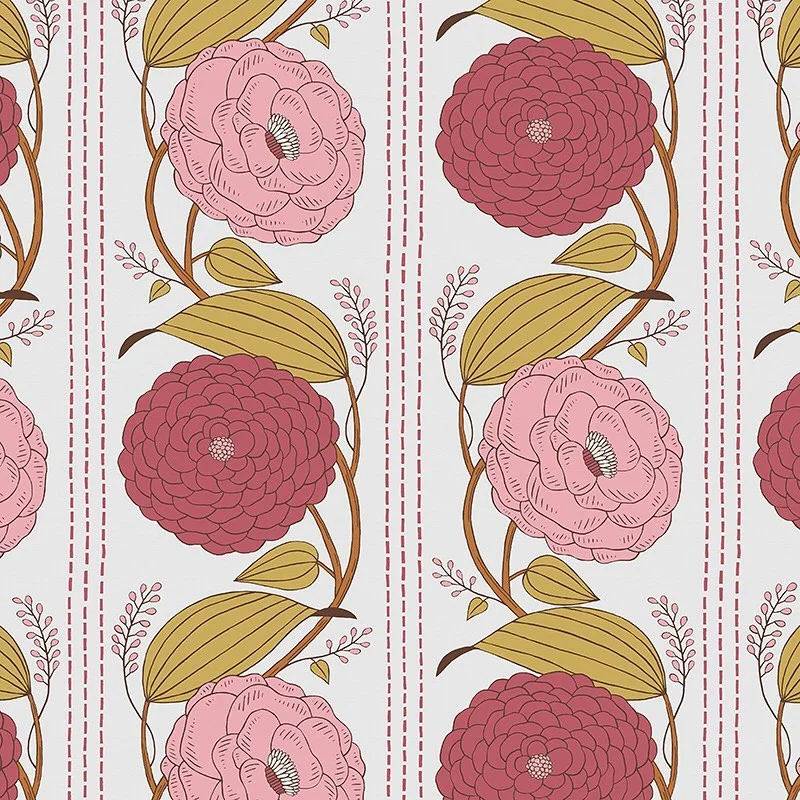 Nancy Wolff Floral pattern with pink and red flowers, green leaves on a light