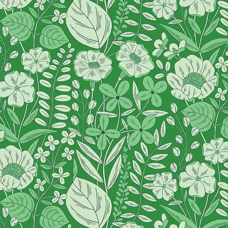 Nancy Wolff Green background with white floral and leaf patterns
