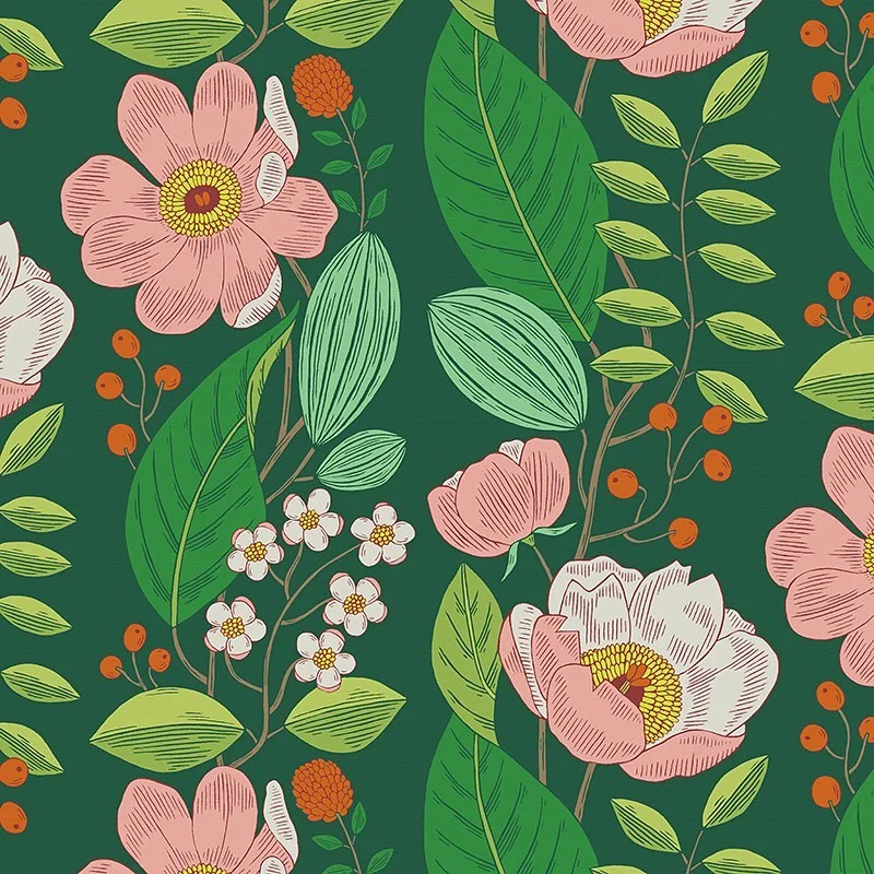 Nancy Wolff Green background with pink flowers, green leaves, and orange berries
