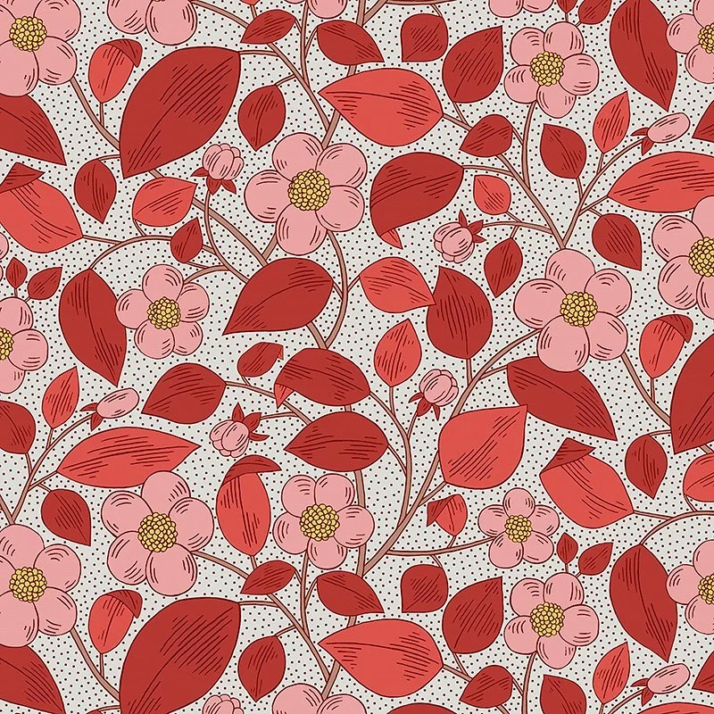 Nancy Wolff Red and pink flowers with yellow centers on a light background wi
