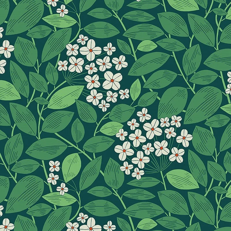 Nancy Wolff Green leaves and white flowers on dark green background