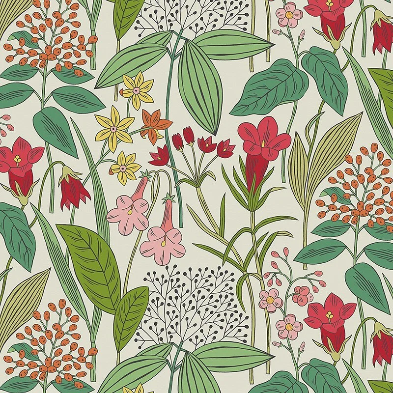 Nancy Wolff Green leaves and red flowers on beige background