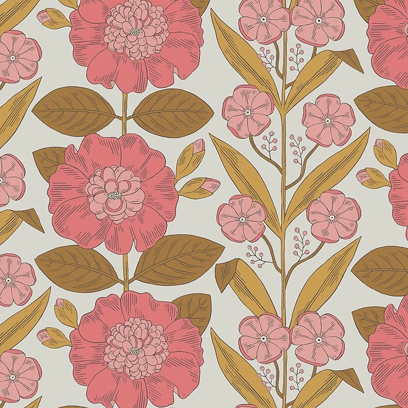 Nancy Wolff Floral pattern with pink flowers and green leaves on beige backgr