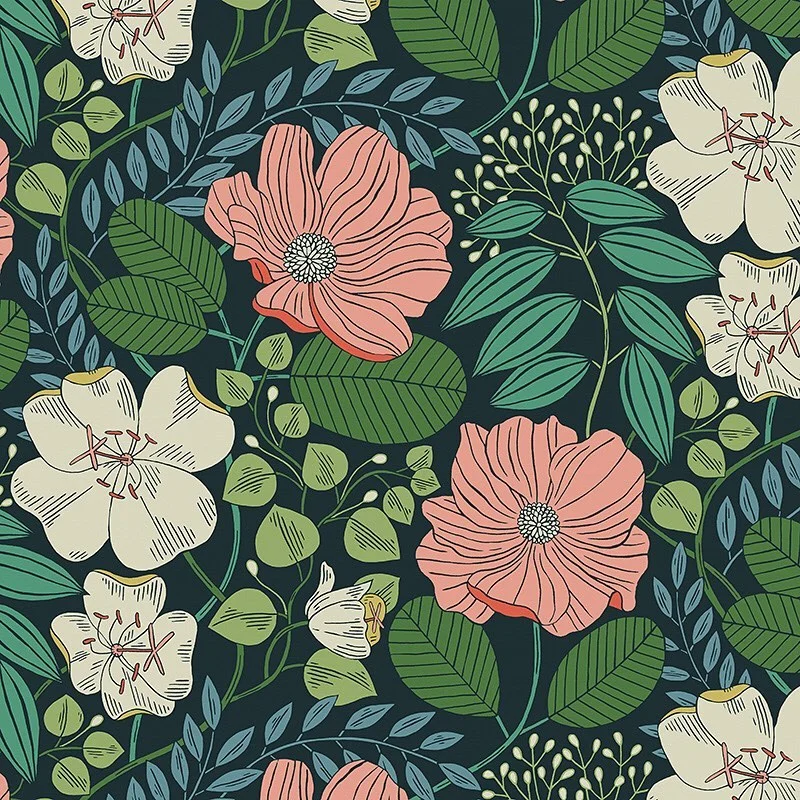 Nancy Wolff Floral pattern with pink and white flowers on dark green background