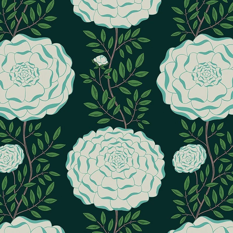 Nancy Wolff Large white flowers and green leaves on dark background