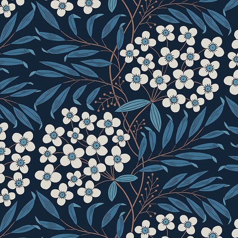 Nancy Wolff Navy blue background with white flowers and blue leaves