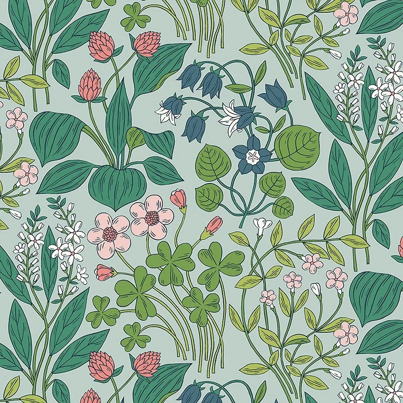 Nancy Wolff Green leaves and pink flowers on a light green background