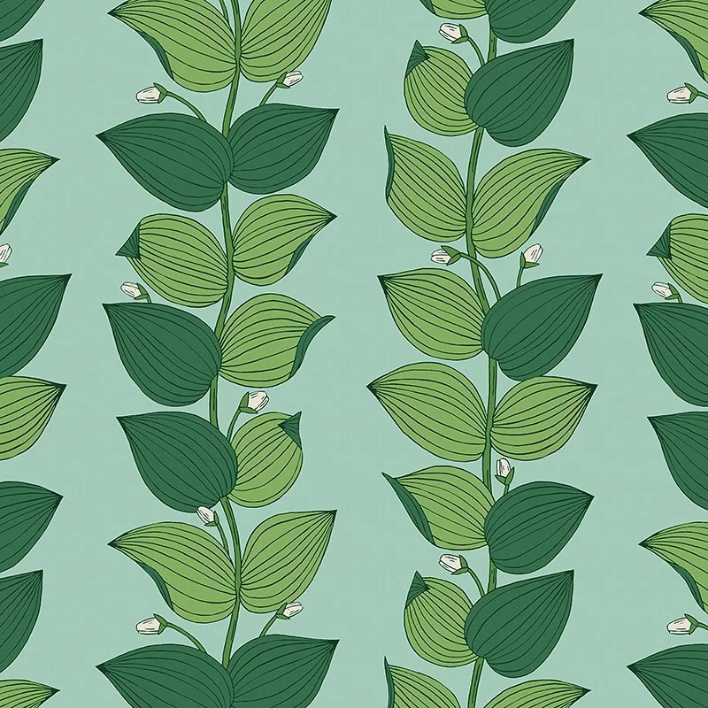Nancy Wolff Green leaves and stems on a light green background in a vertical