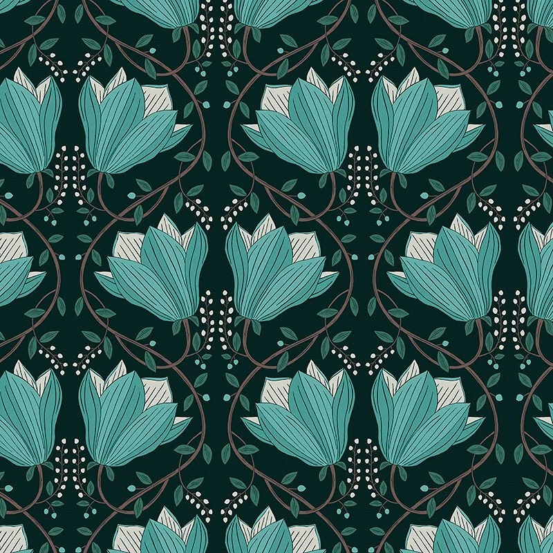 Nancy Wolff Teal and white stylized flowers on dark green background