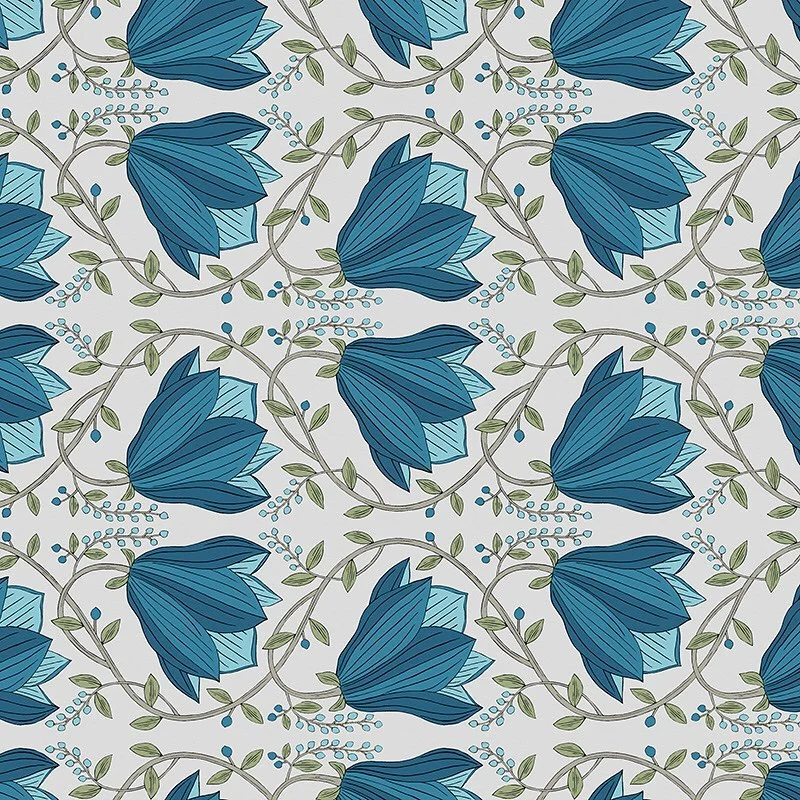 Nancy Wolff Blue floral pattern with green leaves and stems on a light backgr