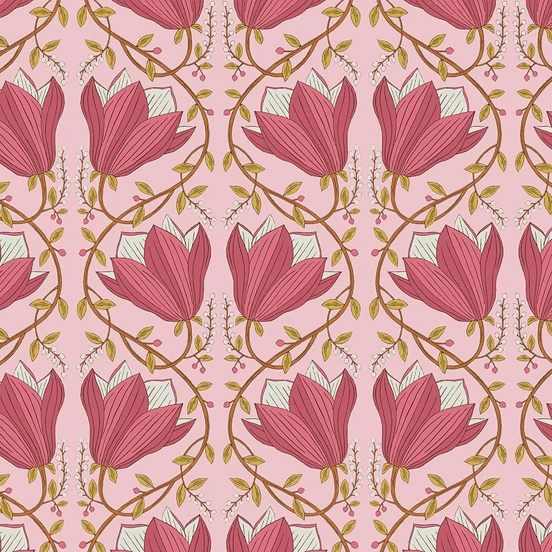 Nancy Wolff Pink flowers and green leaves on a pink background